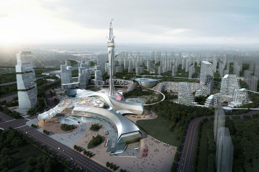 artist impression of vertical theme park in Dalian